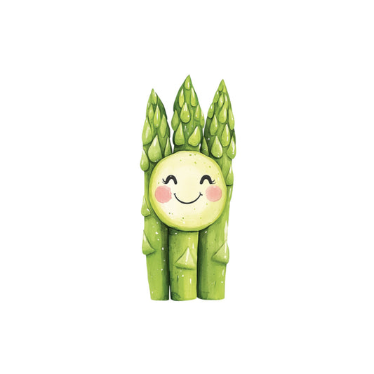 asparagus, garden vegetable, happy face, smiling character, lime green, pale yellow, rosy pink, whimsical, cute, playful, cheerful, nature, botanical, spring, summer, food theme, vegetable motif, anthropomorphic, children's, kid-friendly, quirky, modern, illustration style, character design, garden fresh, organic, health-conscious, nursery, baby, young child