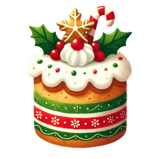 christmas, holiday, festive, gingerbread cake, cream, white frosting, red, forest green, gold, candy cane, holly, berries, whimsical, cheerful, dessert, baking, food themed, winter, seasonal, traditional, playful, decorated cake, striped, floral accents, cream colored, vibrant, decorative, family friendly, festive celebration
