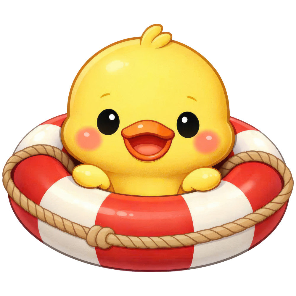 yellow duckling, bright yellow, red and white, coral orange, cute animals, baby animals, whimsical, playful, cheerful, summer, nautical, life preserver, swimming, bath time, nursery, baby quilt, children's fabric, kawaii, happy face, rosy cheeks, friendly, coastal, beach theme, pool party, water themed, vibrant colors, fun prints, animated style, striped buoy