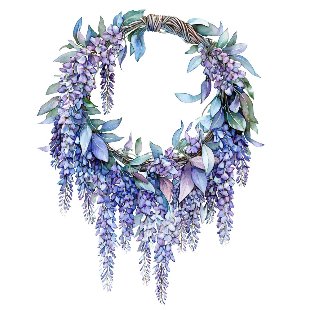 purple flowers, lavender blooms, wisteria, blue leaves, green foliage, floral wreath, cascading flowers, watercolor style, botanical art, fabric panel, quilting cotton, dreamy mood, soft pastels, vine wreath, drooping blossoms, nature motif, craft panel, sewing project, delicate florals, whimsical design