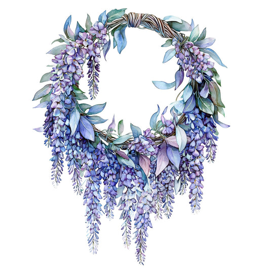 purple flowers, lavender blooms, wisteria, blue leaves, green foliage, floral wreath, cascading flowers, watercolor style, botanical art, fabric panel, quilting cotton, dreamy mood, soft pastels, vine wreath, drooping blossoms, nature motif, craft panel, sewing project, delicate florals, whimsical design