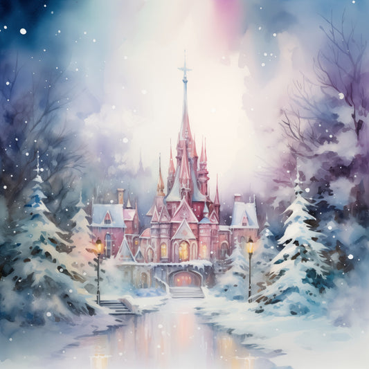 winter castle, snowy landscape, fairytale, princess castle, snow-covered trees, frozen scene, pink castle, blush pink, icy blue, soft purple, winter white, holiday, christmas, magical, enchanted, fantasy, storybook, dreamy, whimsical, elegant, romantic, winter wonderland, snow falling, frosted trees, castle towers, spires, winter solstice, festive, enchantment, fairy tale theme