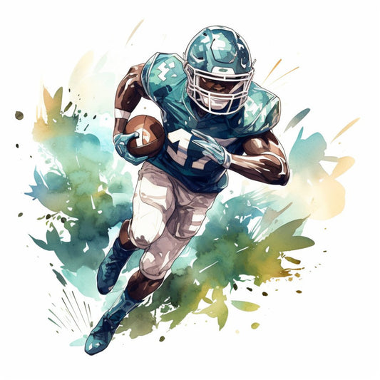 teal, forest green, sage green, brown, cream, watercolor, abstract, sports, football, athletic, action, dynamic, modern, contemporary, watercolor splatter, paint splashes, grunge, youth, masculine, energetic, player, running back, receiver, team spirit, vibrant, artistic, illustration style, casual wear, boy's room, sports themed
