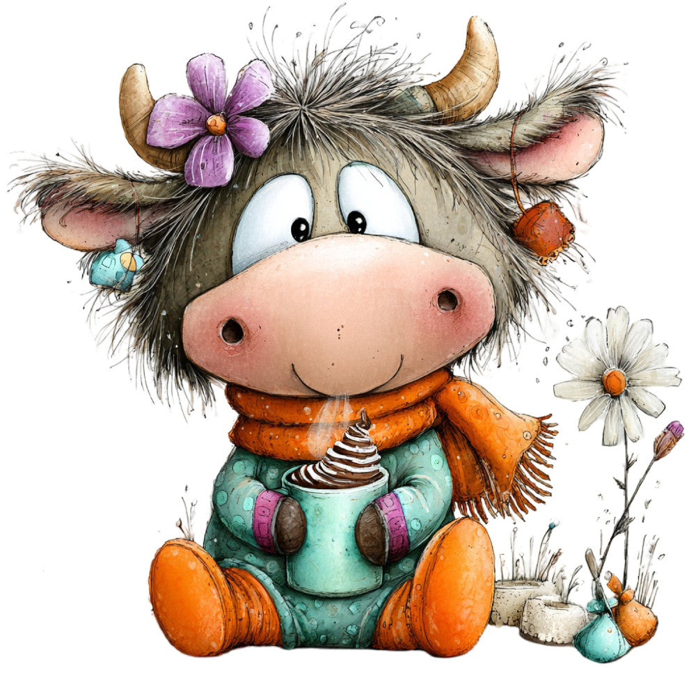 cow, cute animals, whimsical, farmhouse, spring, flowers, daisy, purple flower, orange accents, mint green, coral pink, rust orange, pastel colors, nature, floral, country style, children's fabric, baby quilt, nursery, woodland, folk art, illustrated animals, vintage style, decorative, playful, sweet, gentle, flower crown, rustic charm, cottage core