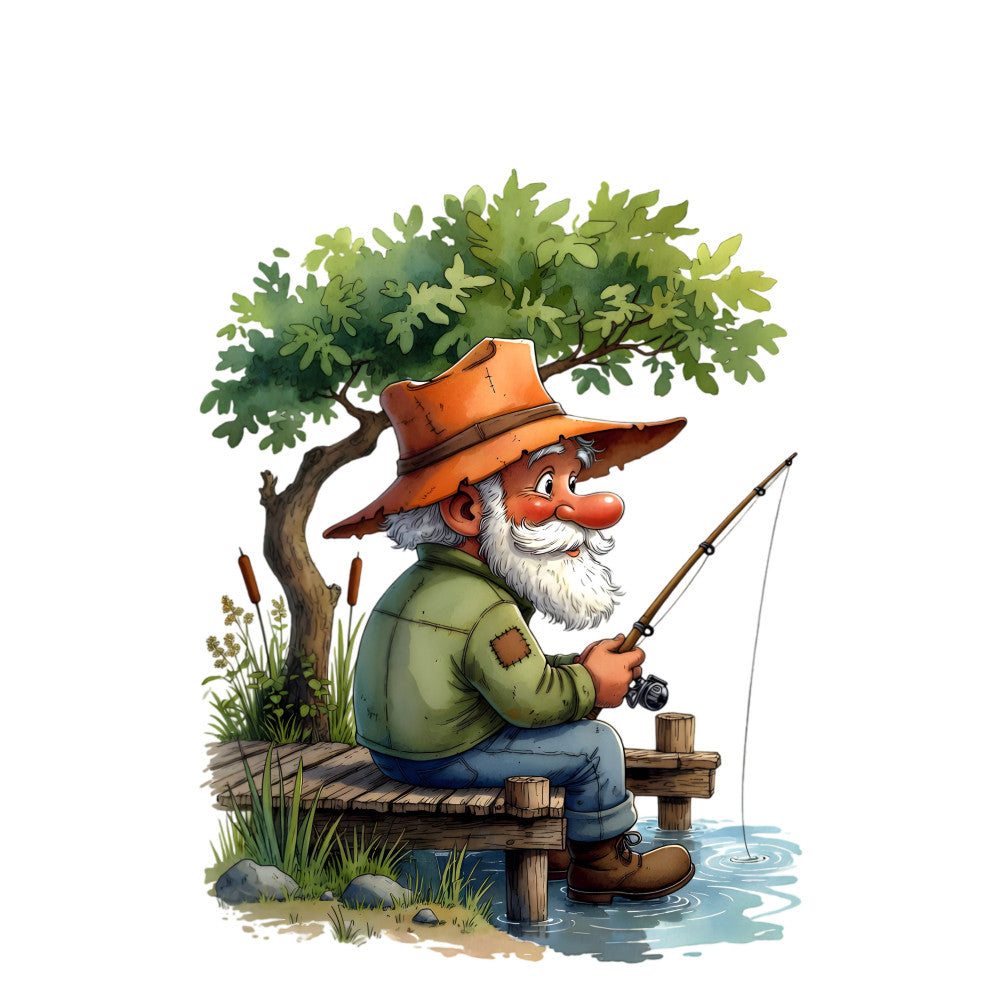 fishing, gnome, bearded man, orange hat, whimsical, nature, water, pond, tree, rural, countryside, outdoor, rustic, vintage, folk art, brown, forest green, blue water, cream, pastoral scene, leisure, peaceful, storybook, charming, traditional, cottage core, lakeside, relaxing, old-fashioned, character design