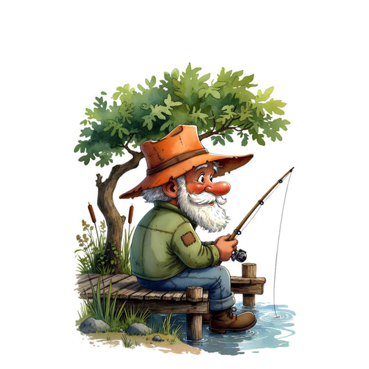 fishing, gnome, bearded man, orange hat, whimsical, nature, water, pond, tree, rural, countryside, outdoor, rustic, vintage, folk art, brown, forest green, blue water, cream, pastoral scene, leisure, peaceful, storybook, charming, traditional, cottage core, lakeside, relaxing, old-fashioned, character design