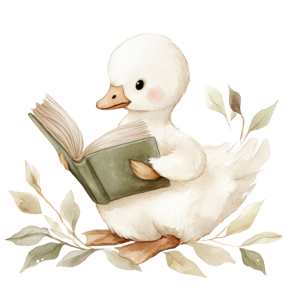 white duck, cream colored, sage green, tan, brown, animal print, woodland, nature themed, whimsical, cute, children's, baby, storybook, illustrated, duck motif, reading duck, book lover, leaves, botanical, nursery, gender neutral, soft colors, watercolor style, farmhouse, country, spring, easter, pastoral, charming