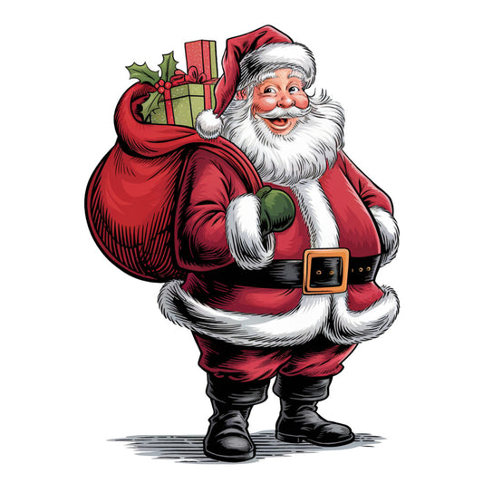 santa claus, red suit, white beard, gift sack, presents, holly berries, green mittens, black belt, boots, christmas character, holiday themed, festive panel, cartoon style, cheerful expression, winter colors, seasonal fabric, quilting panel, red white black, jolly santa, christmas motif