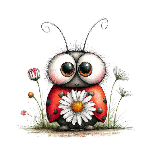 cute ladybug, whimsical insects, red and black, orange eyes, daisy flowers, white flowers, spring, nature, children's, playful, charming, bug themed, garden, flowers and insects, novelty print, illustrated, whimsy, kids fabric, animal, ladybug with flower, cheerful, bright colors, cream background, decorative motifs, panel design, youth, fun and playful