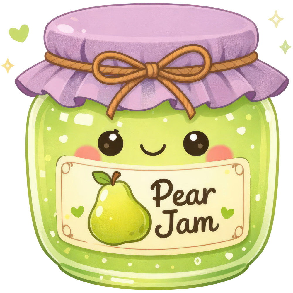 lime green, lavender purple, coral pink, cute jar, pear jam, whimsical, kawaii, food theme, fruit, pear, jam jar, smiling character, anthropomorphic, heart motifs, gold bow, sparkles, stars, spring, summer, sweet, playful, children's, baby, cottage core, rustic charm, hand-drawn, illustrative, novelty print, food and drink, homemade aesthetic