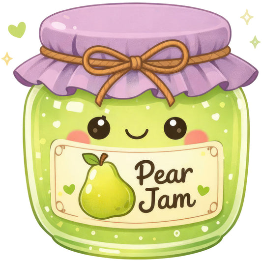 lime green, lavender purple, coral pink, cute jar, pear jam, whimsical, kawaii, food theme, fruit, pear, jam jar, smiling character, anthropomorphic, heart motifs, gold bow, sparkles, stars, spring, summer, sweet, playful, children's, baby, cottage core, rustic charm, hand-drawn, illustrative, novelty print, food and drink, homemade aesthetic
