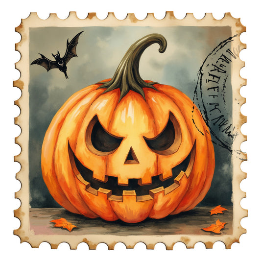 Halloween Postage Stamps Fabric Panel 4 featuring a spooky jack-o’-lantern with a bat and autumn leaves on premium quilting cotton