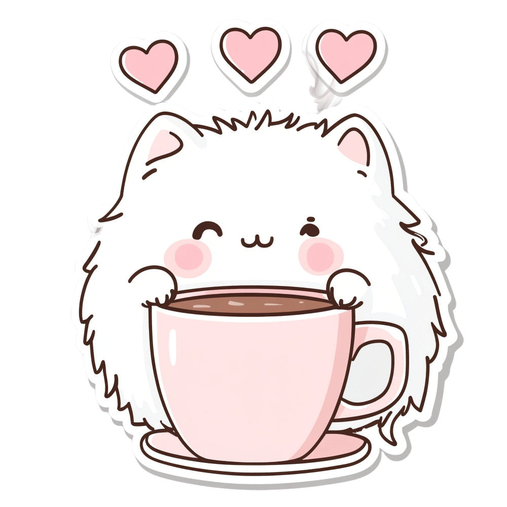 cute cat, fluffy cat, white cat, pink, blush pink, rose pink, brown, hearts, love theme, kawaii, whimsical, adorable, animal, cat lover, coffee cup, hot beverage, cozy, sweet, cheerful, playful, modern cute, children's, baby, valentine, romantic, tea time, warm beverage, comfort theme