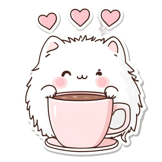 cute cat, fluffy cat, white cat, pink, blush pink, rose pink, brown, hearts, love theme, kawaii, whimsical, adorable, animal, cat lover, coffee cup, hot beverage, cozy, sweet, cheerful, playful, modern cute, children's, baby, valentine, romantic, tea time, warm beverage, comfort theme