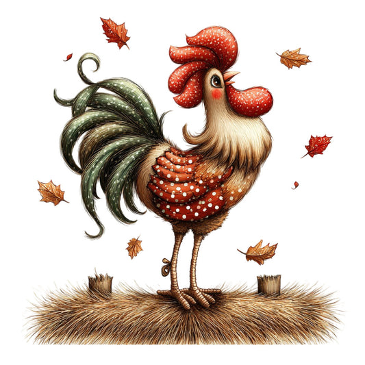 rooster, autumn, fall, harvest, farmhouse, rustic, whimsical, cream, red, forest green, dark green, burnt orange, tan, brown, maple leaves, seasonal, countryside, folk art, decorative birds, cottage core, vintage style, nature themed, warm tones, traditional, charming, pastoral, straw, hay, golden brown, speckled pattern