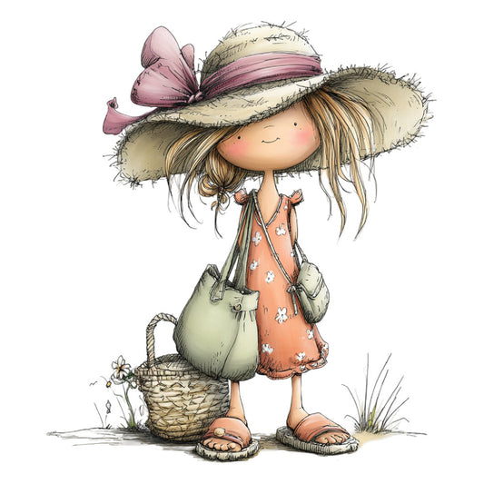 whimsical girl, straw hat, pink butterfly, coral orange dress, sage green bag, rustic, country charm, farmhouse, spring, summer, nature inspired, sweet girl illustration, children's fabric, baby girl, nursery decor, vintage style, botanical elements, wildflowers, daisy motifs, soft pastels, cream beige, dusty rose, terracotta brown, character panel, storybook illustration, folk art style, cottage core, adorable character, girl with hat