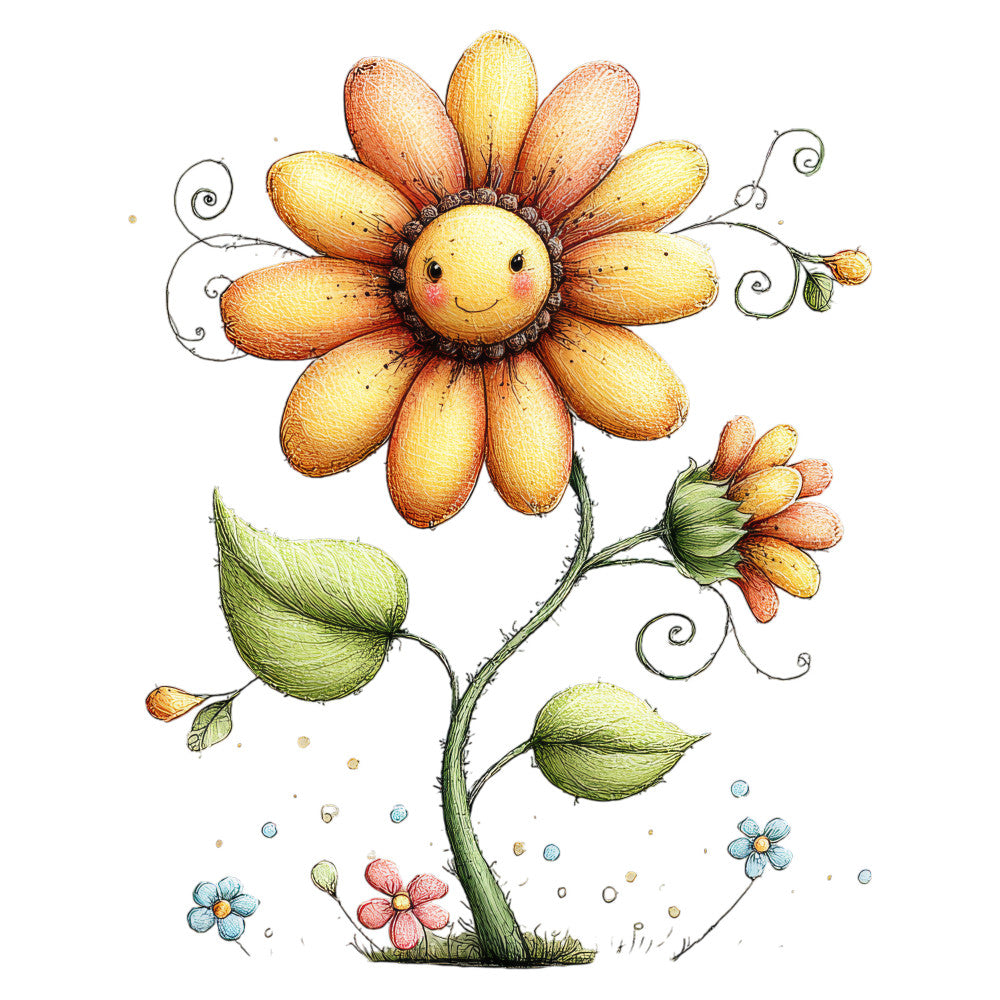 whimsical flowers, golden yellow, coral orange, sage green, cheerful daisy, smiling face, nature theme, spring flowers, botanical illustration, cute characters, children's fabric, baby quilt, wall hanging, vintage style, hand-drawn flowers, watercolor effect, garden theme, playful design, soft pastels, flower tendrils, scrolling vines, multi-colored blooms, sweet illustration, decorative motifs, rustic charm, cheerful print, nature inspired, floral panel, decorative flowers