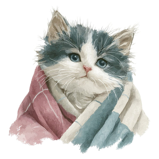 cat, kitten, animal portrait, pet, feline, gray and white, dusty rose, mauve, sage green, teal blue, watercolor, painted, whimsical, gentle, cute, sweet, cozy, adorable, wrapped in blanket, soft, children, kids, baby, nursery, illustration, storybook, portrait style, artistic, cottage core, vintage inspired