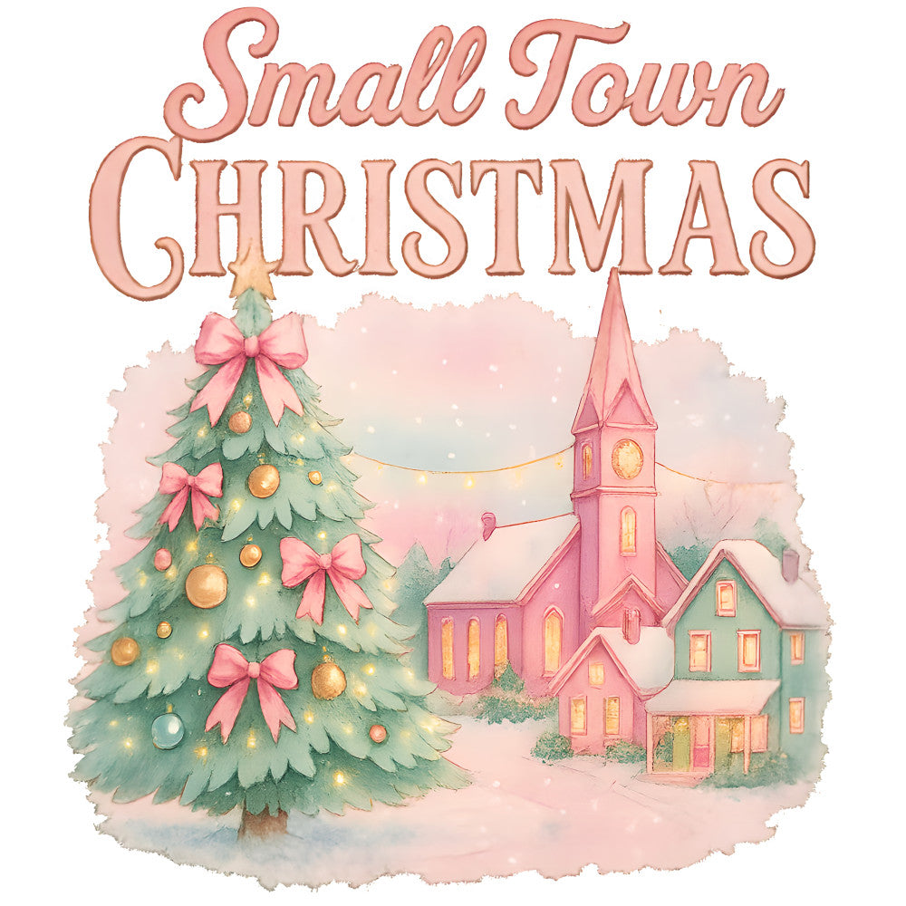 pink, coral, blush, christmas tree, church, small town, village, snow, winter scene, watercolor style, ornaments, bows, golden lights, houses, steeple, fabric panel, quilting, cotton, holiday, festive, pastoral, cozy, warm tones, decorative, seasonal