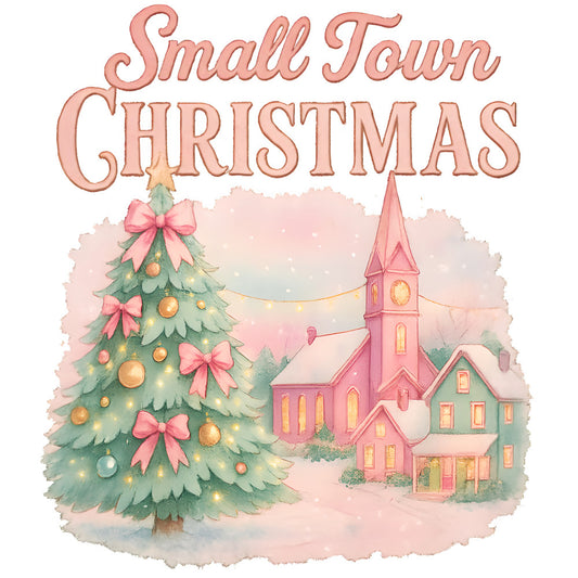 pink, coral, blush, christmas tree, church, small town, village, snow, winter scene, watercolor style, ornaments, bows, golden lights, houses, steeple, fabric panel, quilting, cotton, holiday, festive, pastoral, cozy, warm tones, decorative, seasonal