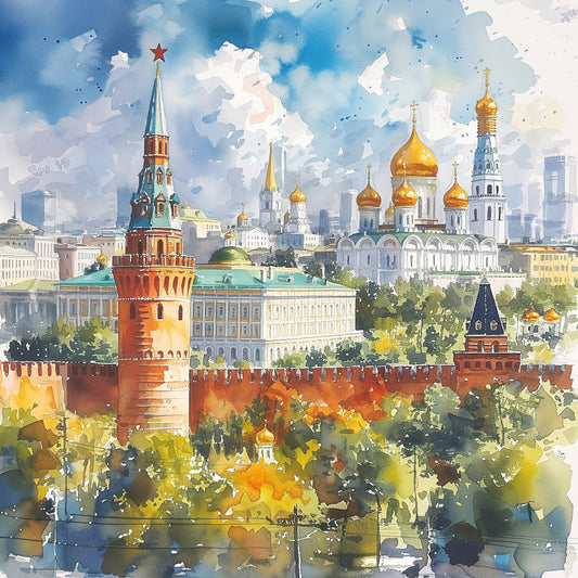 kremlin, moscow, russian architecture, gold domes, red brick, church spires, cityscape, watercolor, artistic, travel, european landmarks, turquoise, golden yellow, cream, sky blue, white, red-brown, cultural, heritage, iconic buildings, orthodox, scenic view, landscape, illustration style, detailed, elegant, traditional, historical landmarks, architectural, urban scene