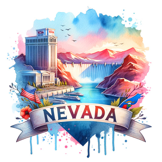 US States Retro Travel Fabric Panel 7 featuring Nevada landmarks, Hoover Dam, American flag, and mountains in vibrant watercolor style.
