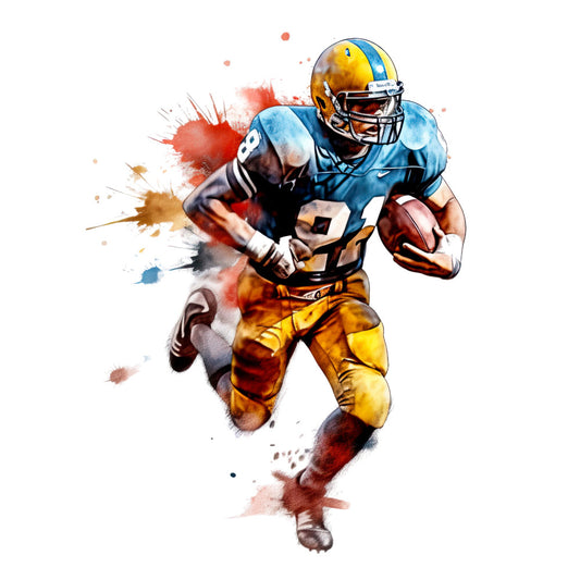 football, sports, athletic, gold, yellow, blue, red, orange, watercolor, splatter, abstract, action, dynamic, male athlete, running back, touchdown, american football, jersey, helmet, watercolor art, paint splatter, vibrant, energetic, modern, contemporary, sports fan, game day, masculine