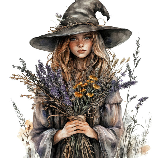 watercolor style, witch character, pointed hat, blonde hair, lavender flowers, purple blooms, yellow marigolds, dried herbs, botanical elements, muted grays, earthy browns, soft purples, golden yellows, fabric panel, quilting cotton, mystical theme, autumn harvest, herbal gathering, cottage witch, whimsical illustration
