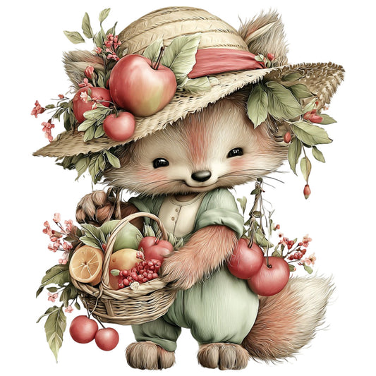cute animal, fox, woodland creature, forest animal, straw hat, sage green, dusty rose, coral pink, cream, soft brown, tan, floral, botanical, apples, berries, fruit basket, wildflowers, leaves, rustic, whimsical, vintage style, farmhouse, cottage core, nature themed, spring, autumn, harvest, adorable, child friendly, nursery