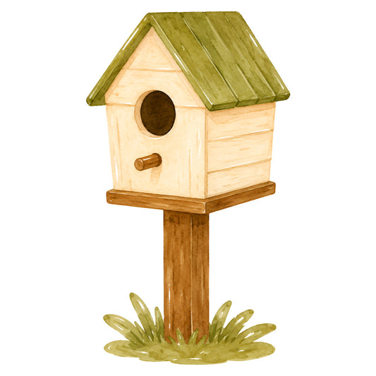 birdhouse, cream, light wood, sage green, olive green, natural wood, rustic, countryside, farmhouse, garden, spring, summer, nature, cottage style, whimsical, bird house design, entry hole, perch, grass, wooden post, traditional, pastoral, outdoor living, cozy, charming, folk art, village scene