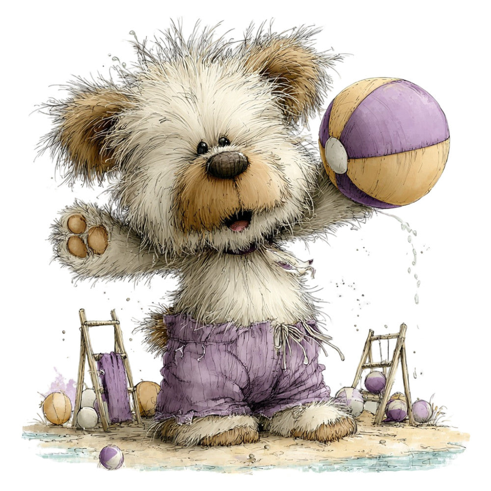 fluffy puppy, cute dog, beach theme, sandy beach, purple, cream, tan, brown, playful, whimsical, children's, kids, adorable animals, beach ball, summer, seaside, water themed, wooden swing, nautical, light hearted, illustration style, charming, innocent, joy, playful animals, toddler, nursery, animal motifs, pastel purple, soft colors