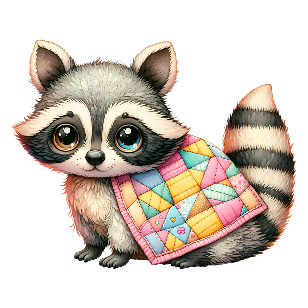 cute raccoon, whimsical animal, pastel colors, soft pink, pale yellow, turquoise blue, cream, charcoal gray, geometric quilt, diamond pattern, patchwork, colorful quilted blanket, children's fabric, baby quilt, nursery decor, playful design, kawaii style, adorable character, quilted jacket, wall hanging, heart motifs, fun and cheerful, illustration art, modern whimsical, softies, bedding panel, appliqué friendly, kids clothing