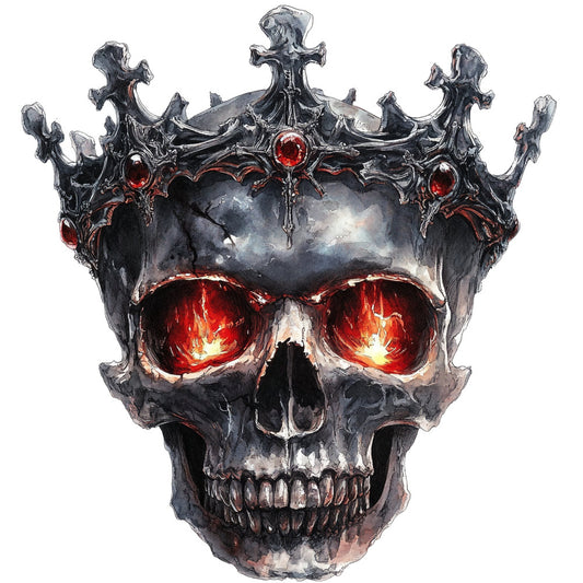skull crown, gothic, dark gray, charcoal, black, deep red, crimson, glowing eyes, evil, dark fantasy, horror, dramatic, edgy, metal crown, jeweled, ornate, dark aesthetic, mystical, supernatural, spooky, metallic accents, menacing, intense, rebellious, statement piece, wall hanging, dark fashion, theatrical