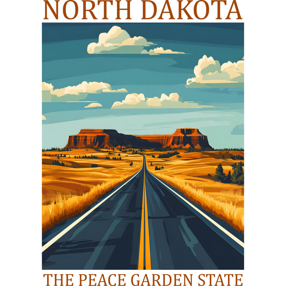 fabric panel, north dakota, road scene, golden yellow, orange, teal blue, cream white, mesa formations, prairie landscape, straight highway, yellow center line, vintage poster style, western scenery, big sky, puffy clouds, quilting cotton, state pride, americana, geometric design, retro illustration