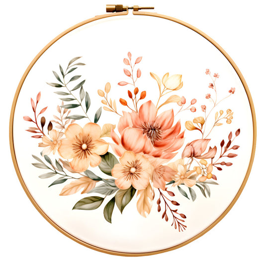 embroidery hoop, floral, watercolor flowers, peach, coral pink, dusty rose, cream, sage green, olive green, botanical, nature, vintage, romantic, elegant, spring, summer, wildflowers, garden flowers, peonies, delicate blooms, rustic, traditional, feminine, soft colors, natural, botanical art, flower arrangement, home decor, wall art, decorative