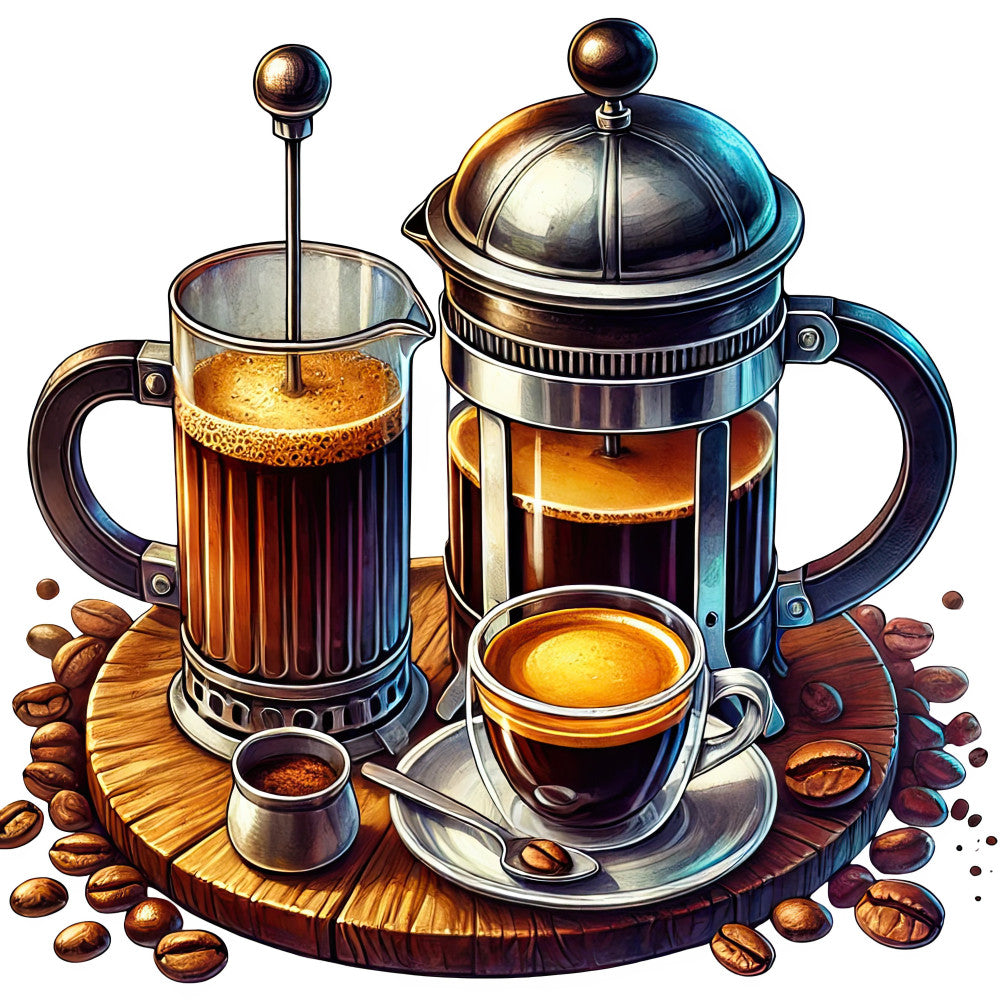 coffee, espresso, dark brown, bronze, gold, cream, black, coffee beans, french press, coffee cup, beverage, kitchen, café, cafe, barista, morning, breakfast, rustic, vintage, elegant, warm tones, copper accents, steam, hot beverage, coffee themed, gourmet, specialty coffee, realistic, detailed illustration