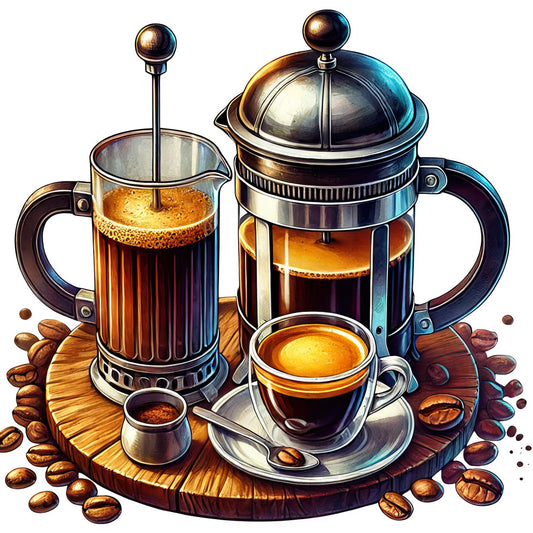 coffee, espresso, dark brown, bronze, gold, cream, black, coffee beans, french press, coffee cup, beverage, kitchen, café, cafe, barista, morning, breakfast, rustic, vintage, elegant, warm tones, copper accents, steam, hot beverage, coffee themed, gourmet, specialty coffee, realistic, detailed illustration