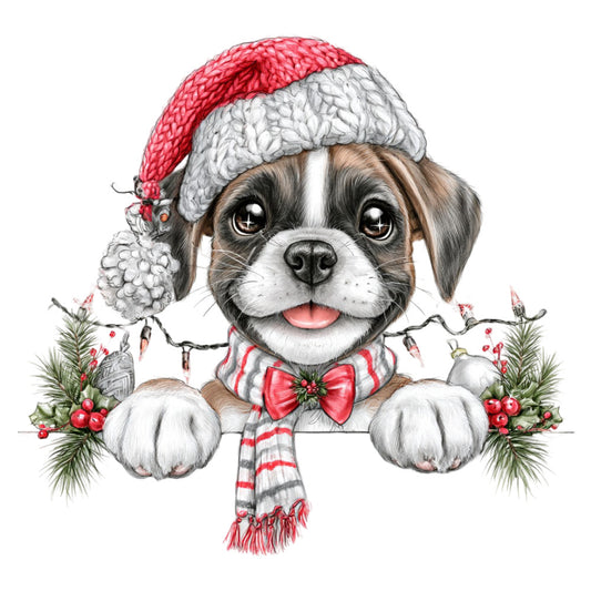 christmas dog, holiday puppy, festive boxer, red and white, gray and white, cream colored, striped scarf, red bow tie, santa hat, holiday animals, christmas pets, whimsical dog, cute puppy, festive holiday, winter theme, seasonal decoration, dog lover, pet portrait, cheerful christmas, decorative panel, holiday cheer, smiling dog, hand-drawn style, illustrated animals, family friendly, joyful holiday, christmas morning, festive friends, pet themed, holiday spirit