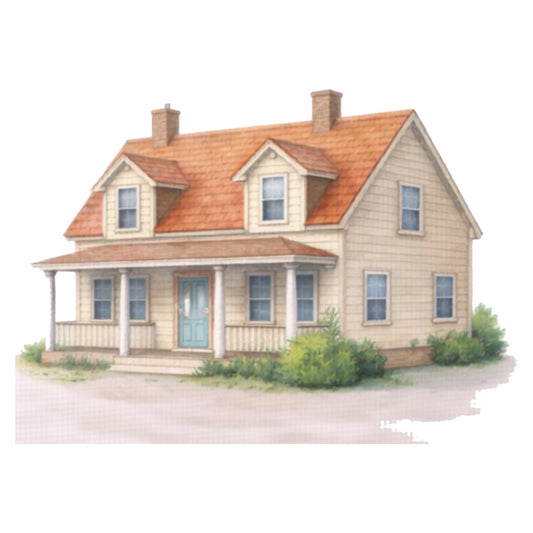 house, farmhouse, cottage, architecture, home, building, cream, beige, tan, terracotta, rust, orange, blue, classic, traditional, vintage, americana, country, rural, dwelling, residential, nostalgic, panel print, scenic, landscape, heritage, timeless, colonial