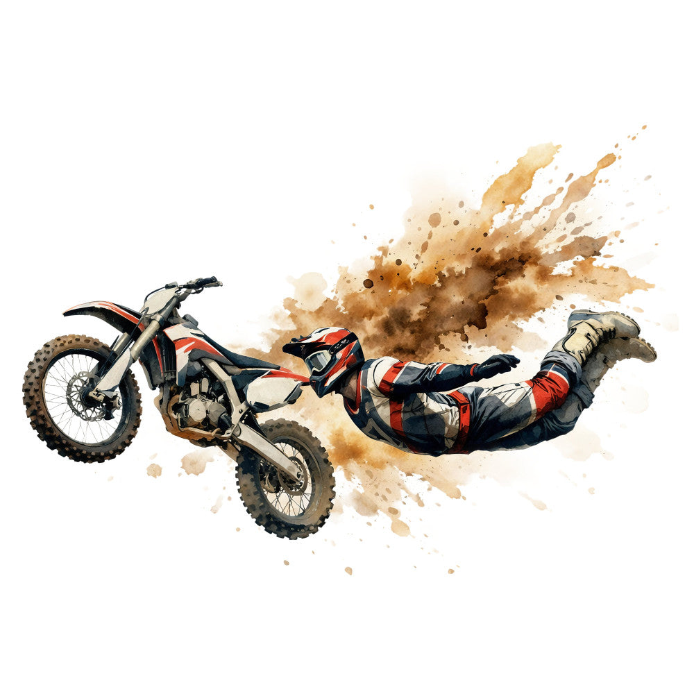 motocross, dirt bike, extreme sports, action sports, adventure, tan, brown, rust, black, red, cream, watercolor, splatter, abstract, dynamic, energetic, sporty, masculine, modern, daredevil, stunt rider, off-road, dust clouds, racing, bold, contemporary, youth, adrenaline, outdoor sports