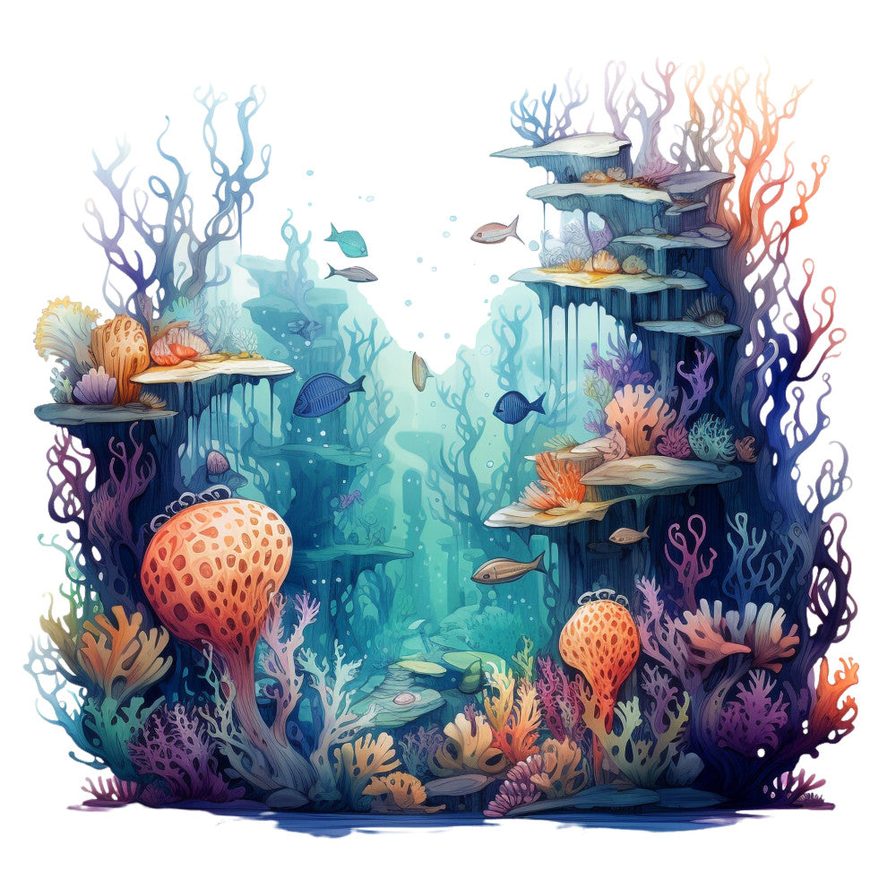 aqua blue, teal, coral orange, purple, underwater scene, ocean depths, sea coral, tropical fish, marine life, waterfall cascades, fantasy landscape, whimsical illustration, fabric panel, quilting cotton, mermaid theme, seahorse motifs, kelp forest, oceanic flora, digital print, pastel watercolors