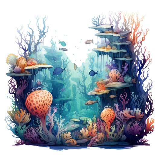 aqua blue, teal, coral orange, purple, underwater scene, ocean depths, sea coral, tropical fish, marine life, waterfall cascades, fantasy landscape, whimsical illustration, fabric panel, quilting cotton, mermaid theme, seahorse motifs, kelp forest, oceanic flora, digital print, pastel watercolors