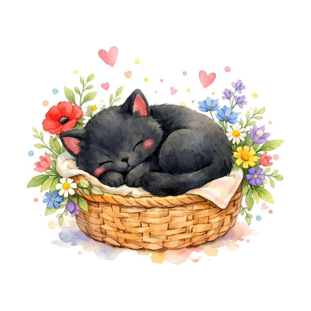 black cat, sleeping cat, cute cat, charcoal gray, dusty rose, coral pink, soft pink, pastel pink, cream, golden yellow, periwinkle blue, lavender purple, floral, flowers, poppies, daisies, wildflowers, hearts, love, botanical, nature, whimsical, sweet, gentle, baby, nursery, children's, springtime, summer, romantic