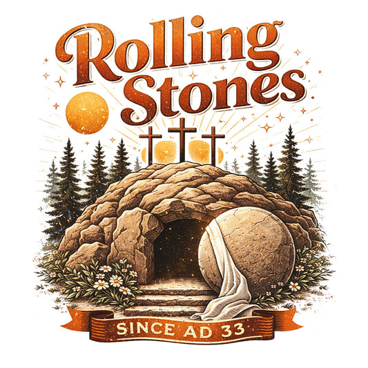 rolling stones, easter, religious, crosses, resurrection, tomb, stone, tomb stone, gold, tan, brown, cream, forest green, nature, woodland, trees, pine trees, evergreen, celestial, sun, stars, sparkles, vintage, retro, religious theme, faith, spiritual, rustic, traditional, flowers