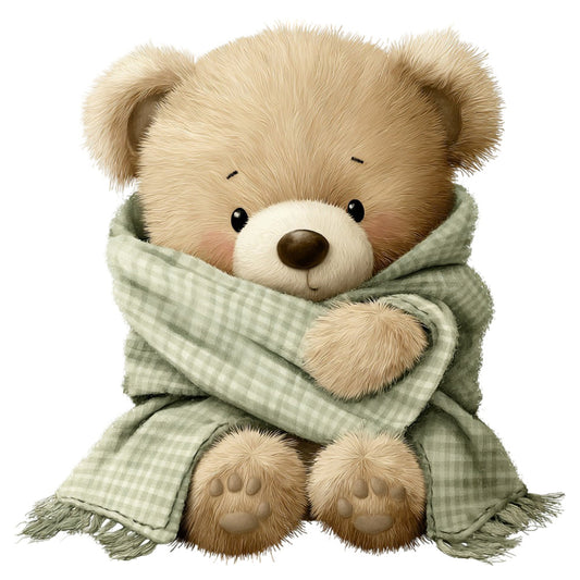 teddy bear, cute animals, child-friendly, nursery, baby, sage green, cream, tan, beige, light green, checkered, gingham, plaid, whimsical, sweet, adorable, snuggled, cozy, wrapped in blanket, bedtime, children's theme, pastel colors, soft colors, gentle, comforting, baby quilt, crib bedding, toddler, storybook illustration, soft style