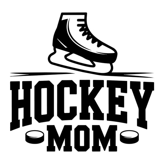 hockey mom, ice skating, winter sports, black and white, monochrome, sports themed, athletic, mother's day, ice skates, hockey puck, typography, text design, sports fan, winter, casual style, modern, bold lettering, sports apparel, fan wear, gift for mom, sports enthusiast, hockey fan, winter activity, skate sport, black ink, minimalist, graphic design, recreational sports