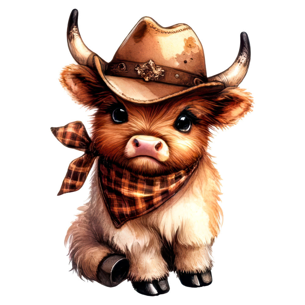 cowboy bull, western, rust brown, cream, tan, burnt orange, plaid, bandana, country, farmhouse, rustic, whimsical, cute animals, cattle, adorable, humorous, checkered, western wear, ranch, longhorn, brown and orange, folk art, novelty, children's, playful, vintage western, decorative, home decor, wall art