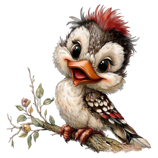cute bird, woodpecker, red crest, orange beak, whimsical, nature, animals, spring, woodland, forest, branches, leaves, berries, cream, white, gray, red, brown, charcoal, rustic, playful, children's, baby, nursey, illustration, folk art, traditional, cottage core, farmhouse, decorative panel