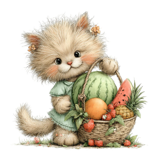 fluffy kitten, cream colored cat, orange tabby, cute animals, whimsical, children's fabric, watermelon, raspberries, pineapple, fruit basket, sage green, coral pink, cream, peach, nature themed, summer, spring, garden, pastoral, gentle, sweet, baby fabric, nursery, adorable, illustration style, botanical, countryside, charming, soft colors
