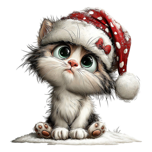 christmas cat, holiday kitten, red santa hat, festive feline, white cat, green eyes, polka dot hat, winter animals, cute cat, whimsical style, christmas theme, seasonal holiday, baby quilt, wall hanging, decorative panel, cream white, red and white, animal motif, cheerful design, playful cat, santa kitten, holiday decor, festive animals, children's fabric, traditional christmas, vintage style, kawaii aesthetic, fluffy cat